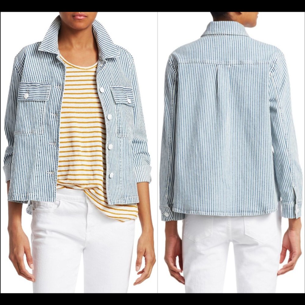 New Frame Denim Engineer cotton stripe boxy cropped relaxed trucker denim jacket
